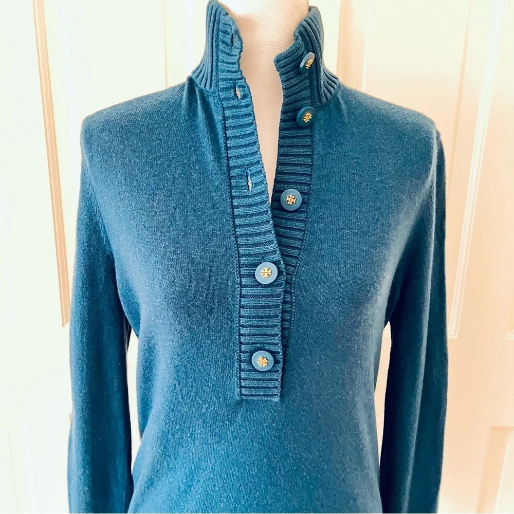 Tory Burch teal blue button up sweater S
